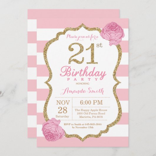 21e verjaardag Uitnodiging roze en gouden bloemen (Voorkant / Achterkant)