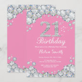 21e verjaardag uitnodiging roze en zilveren diaman (Voorkant / Achterkant)
