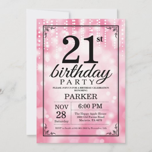 21e verjaardag uitnodiging roze glitter (Voorkant)