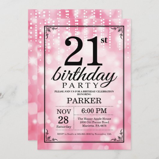 21e verjaardag uitnodiging roze glitter (Voorkant / Achterkant)