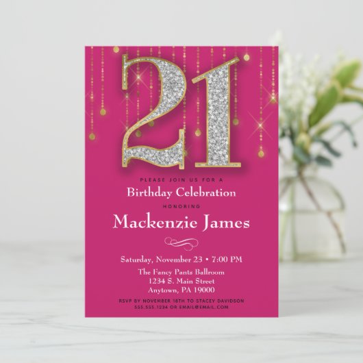 21e verjaardag Uitnodiging Roze Gold Diamonds Adul (Staand voorkant)