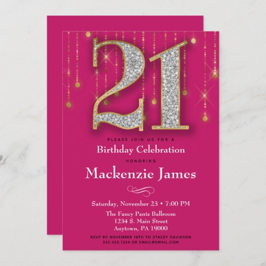21e verjaardag Uitnodiging Roze Gold Diamonds Adul (Voorkant / Achterkant)