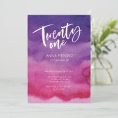 21e verjaardag Uitnodiging roze Paarse Waterverf (Staand voorkant)