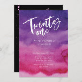 21e verjaardag Uitnodiging roze Paarse Waterverf (Voorkant / Achterkant)