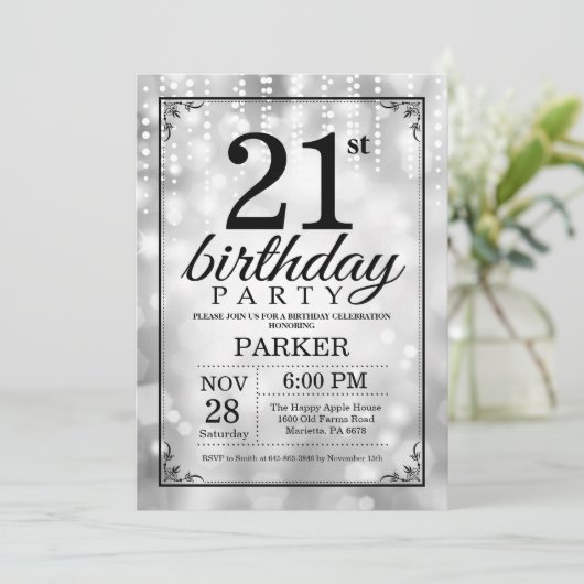 21e verjaardag Uitnodiging Silver Glitter (Staand voorkant)
