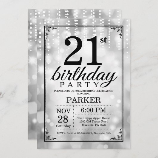 21e verjaardag Uitnodiging Silver Glitter (Voorkant / Achterkant)