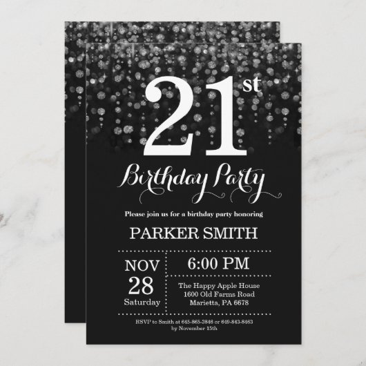 21e verjaardag Uitnodiging Silver Glitter (Voorkant / Achterkant)