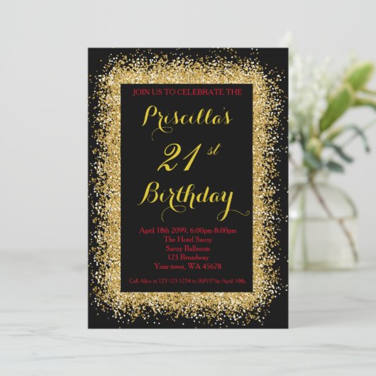 21e verjaardag uitnodiging, zwart, confetti, goud kaart (Staand voorkant)