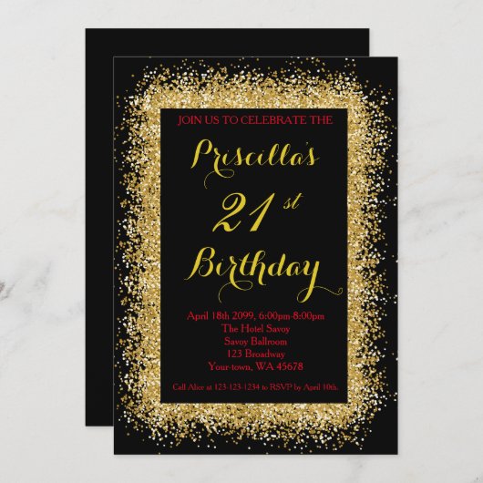 21e verjaardag uitnodiging, zwart, confetti, goud kaart (Voorkant / Achterkant)