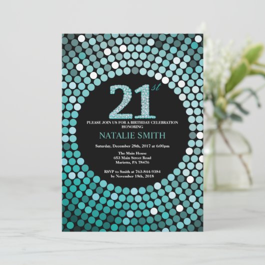 21e verjaardag uitnodiging zwart en Blauwgroen gli (Staand voorkant)