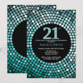 21e verjaardag uitnodiging zwart en Blauwgroen gli (Voorkant / Achterkant)