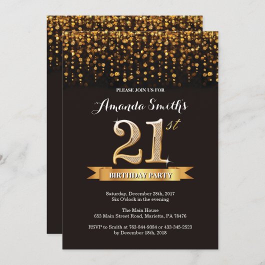 21e verjaardag uitnodiging zwart en goud glitter (Voorkant / Achterkant)