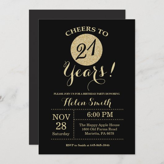 21e verjaardag uitnodiging zwart en goud glitter (Voorkant / Achterkant)