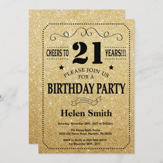 21e verjaardag Uitnodiging zwart en gouden glitter (Voorkant / Achterkant)