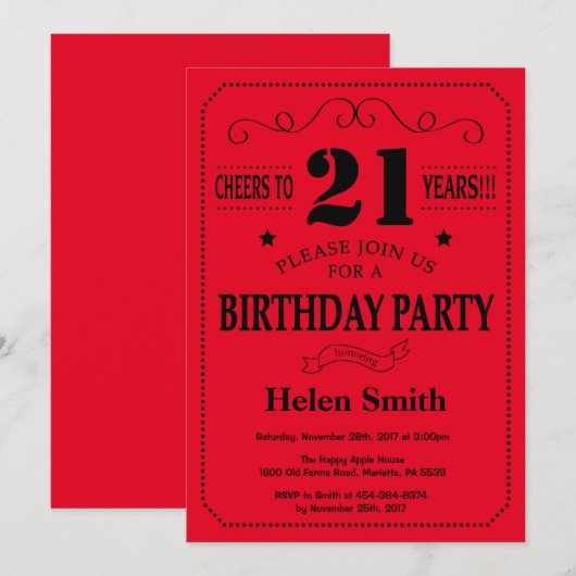 21e verjaardag uitnodiging zwart en rood (Voorkant / Achterkant)