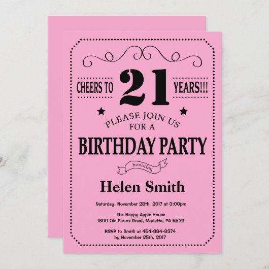 21e verjaardag uitnodiging zwart en roze (Voorkant / Achterkant)