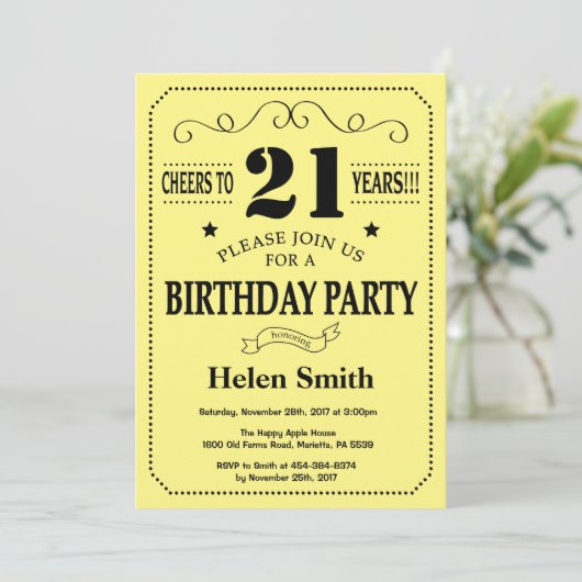 21e verjaardag Uitnodiging zwart-geel (Staand voorkant)
