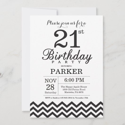21e verjaardag uitnodiging zwart-wit Chevron (Voorkant)