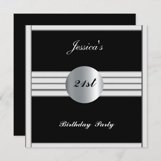 21e verjaardag Uitnodiging zwarte Zilver (Voorkant / Achterkant)
