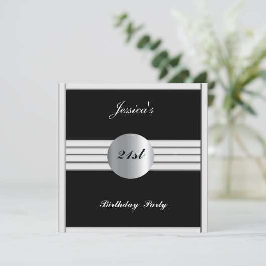 21e verjaardag Uitnodiging zwarte Zilver (Staand voorkant)