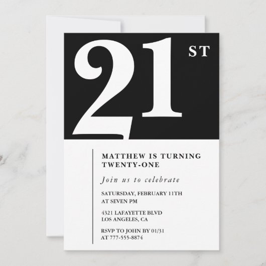 21e verjaardag uitnodigingen Black White Elegant (Voorkant)