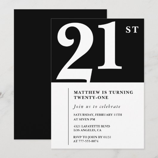 21e verjaardag uitnodigingen Black White Elegant (Voorkant / Achterkant)