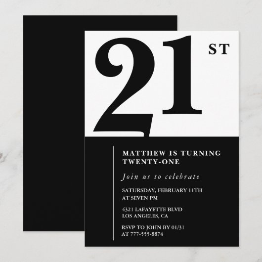21e verjaardag uitnodigingen Black White Elegant (Voorkant / Achterkant)
