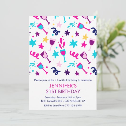 21e verjaardag uitnodigingen Cocktail Modern Pink (Staand voorkant)