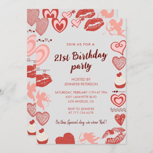 21e verjaardag uitnodigingen grijs rood harten (Voorkant / Achterkant)