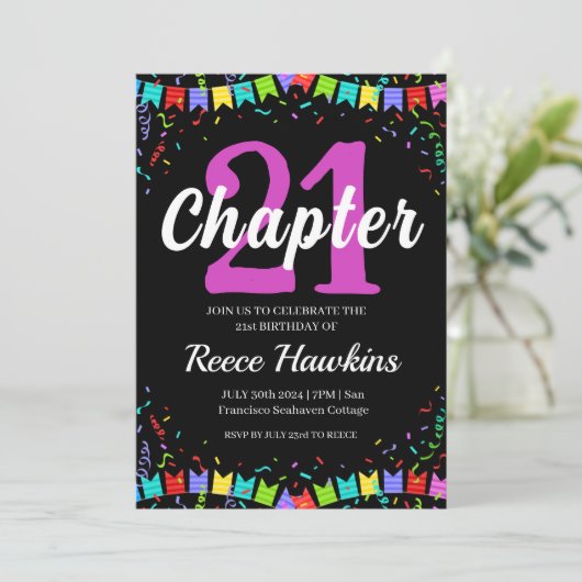 21e verjaardag uitnodigingen Modern zwart-wit (Staand voorkant)