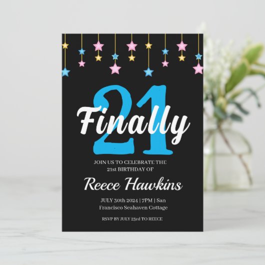 21e verjaardag uitnodigingen Modern zwart-wit (Staand voorkant)