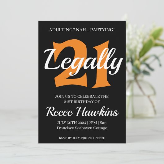 21e verjaardag uitnodigingen Modern zwart-wit (Staand voorkant)