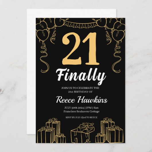 21e verjaardag uitnodigingen Modern zwart-wit (Voorkant / Achterkant)