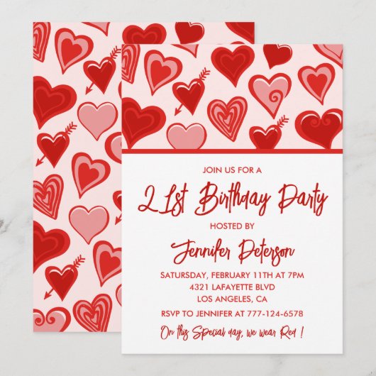 21e verjaardag uitnodigingen Red Pink Hearts (Voorkant / Achterkant)