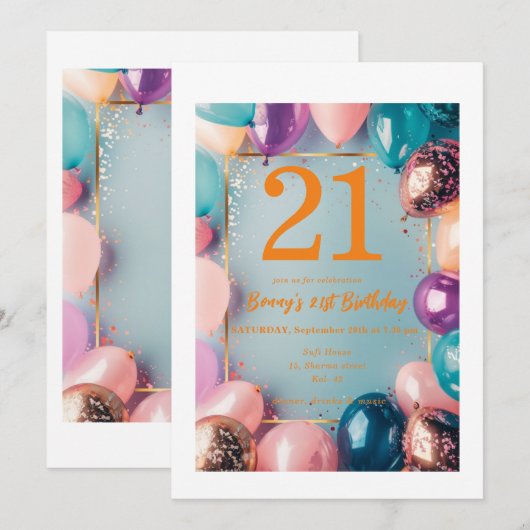 21e verjaardag Uitnodigingskaart ontworpen met bal Kaart (Voorkant / Achterkant)