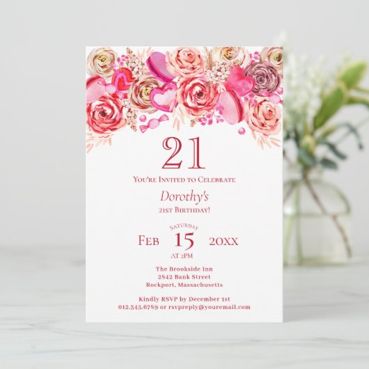 21e Verjaardag Valentijn Roze Rose Swirly Heart Kaart (Staand voorkant)
