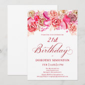 21e Verjaardag Valentijn Roze Rose Swirly Heart Kaart (Voorkant / Achterkant)