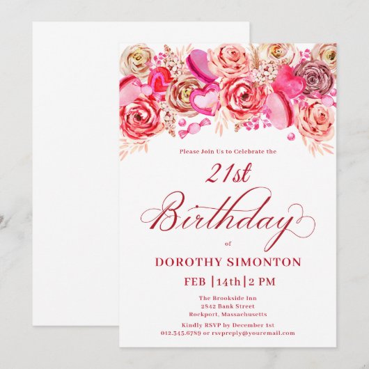 21e Verjaardag Valentijn Roze Rose Swirly Heart Kaart (Voorkant / Achterkant)