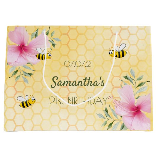 21e verjaardag van bijen honingraatroze floralen groot cadeauzakje (Voorkant)