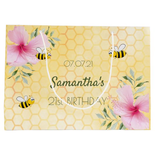 21e verjaardag van bijen honingraatroze floralen groot cadeauzakje (Achterkant)