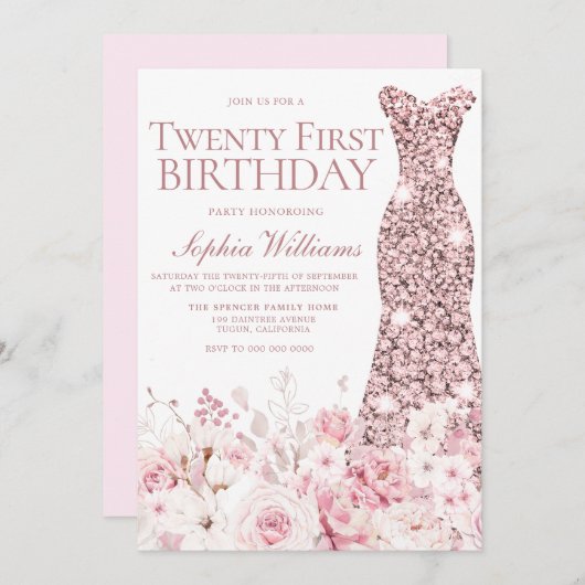 21e verjaardag van de Blush Floral & Roos Gold Dre Kaart (Voorkant / Achterkant)