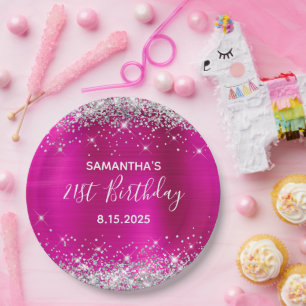 21e verjaardag van de hete roze en zilveren glitte papieren bordje