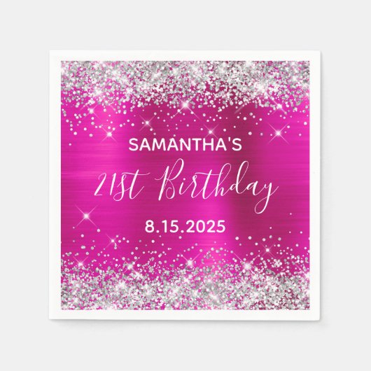 21e verjaardag van de hete roze en zilveren glitte servet (Voorkant)