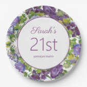 21e verjaardag van de Paarse bloementeelt Papieren Bordje (Voorkant)