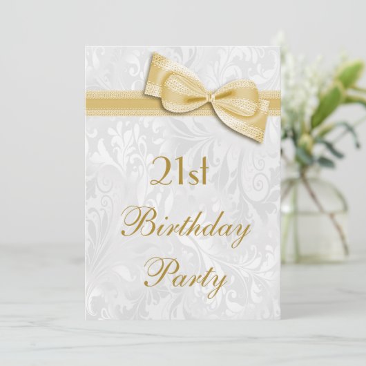 21e verjaardag van de partij Damask en Faux Bow Kaart (Staand voorkant)