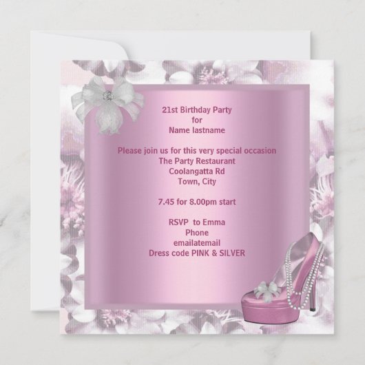 21e verjaardag van de roze Martini High Heel Flora Kaart (Achterkant)