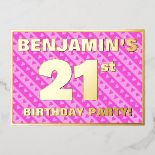 21e verjaardag van de vuurroze harten en staven folie uitnodiging