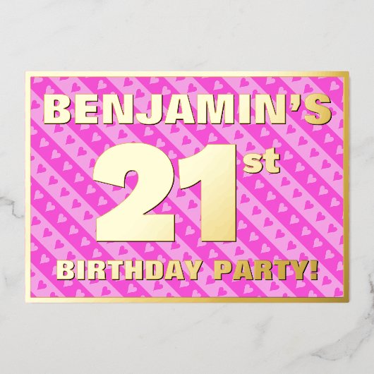21e verjaardag van de vuurroze harten en staven folie uitnodiging (Voorkant)