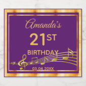 21e verjaardag van elegante paarse en gouden muzie sparkling wijnetiket (Enkel label)