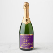 21e verjaardag van elegante paarse en gouden muzie sparkling wijnetiket (Voorkant)